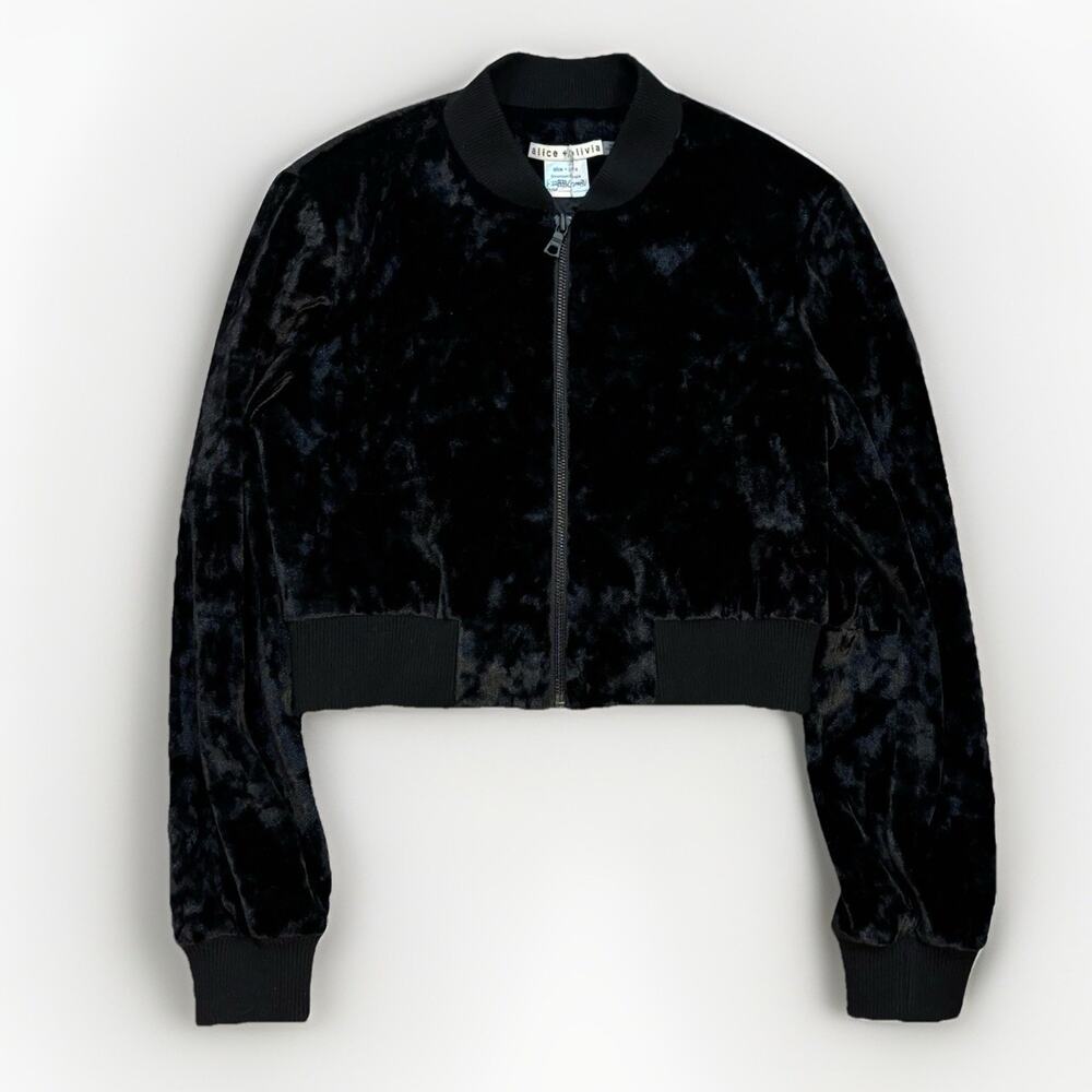 Alice Olivia Velour Black Bomber Jacket Womens Small Showroom Sample Zip Up